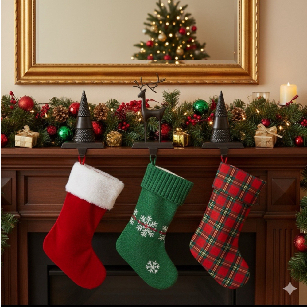 🎄Bronze Metal Christmas Stocking Holders Set of 3 Tree & Reindeer Mantel Decor